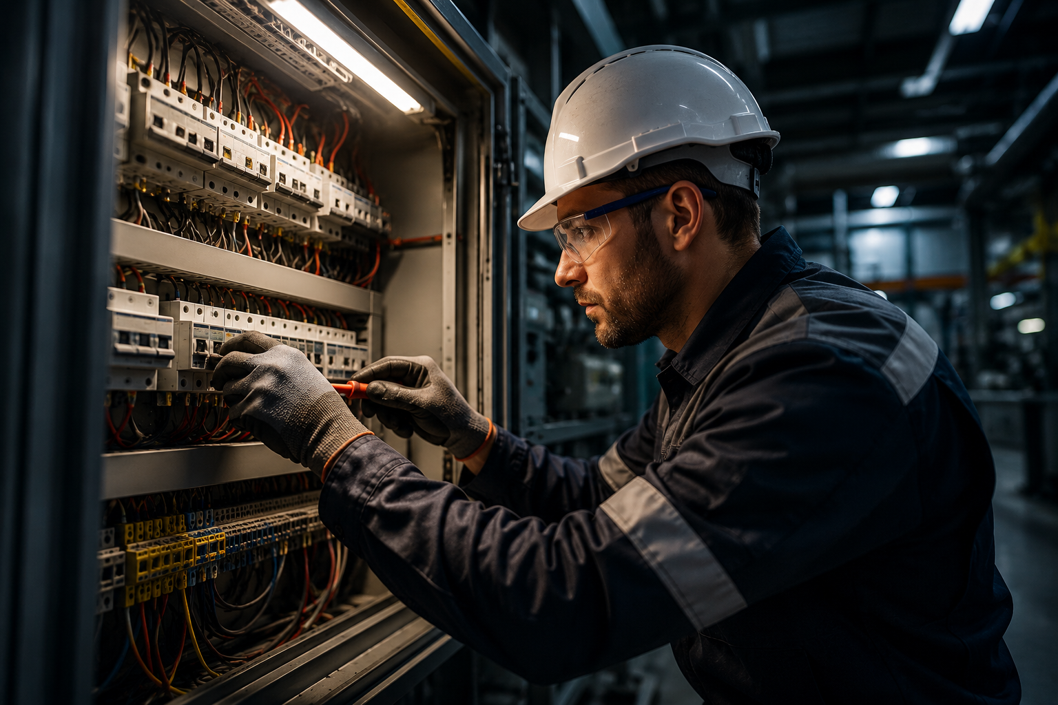 Electrician wiring a control cabinet