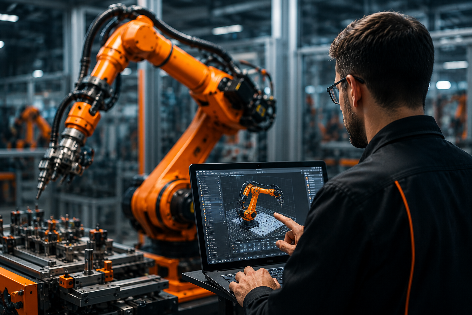 Robot programmer teaching an industrial robot